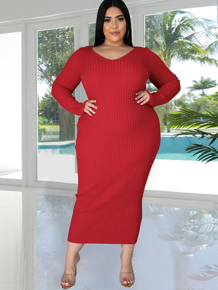 Plus Size Ribbed Long Sleeves Midi Dresses Tiynon