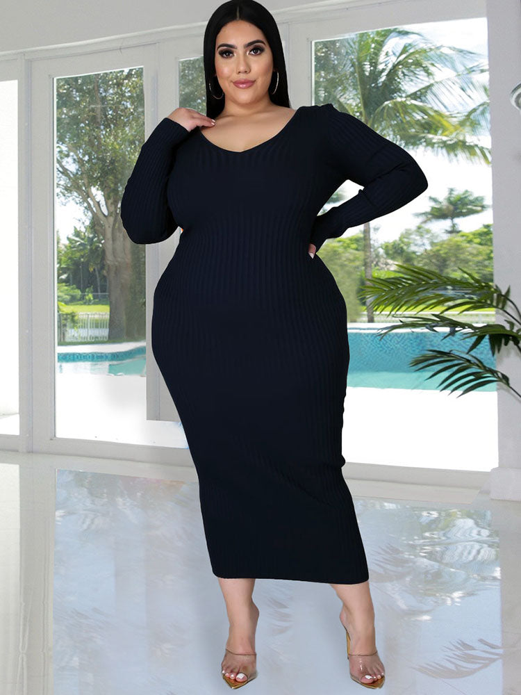 Plus Size Ribbed Long Sleeves Midi Dresses Tiynon