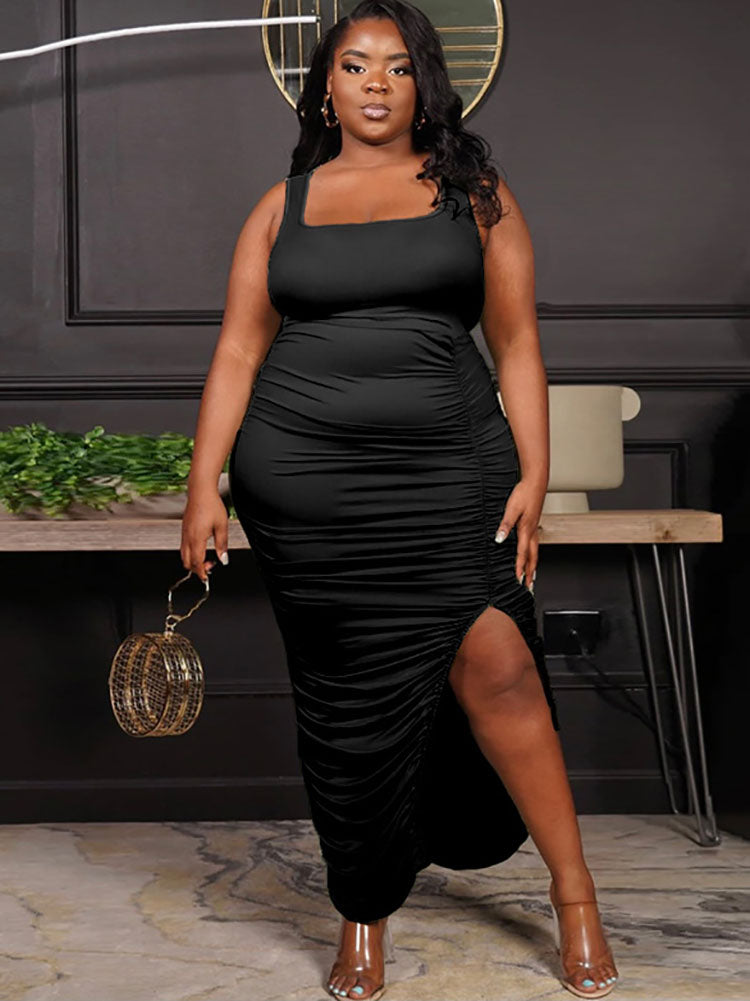 Plus Size Ruched Split Bodycon Maxi Dresses Tiynon