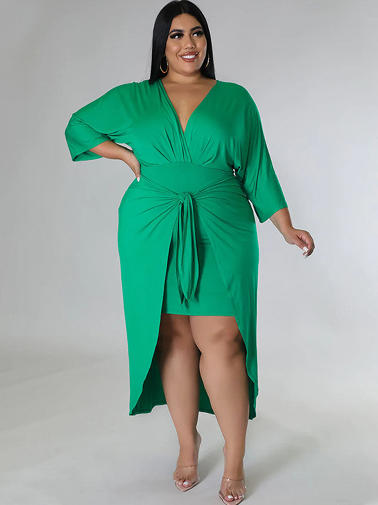 Plus Size Ruched Tie Front Midi Dresses Tiynon