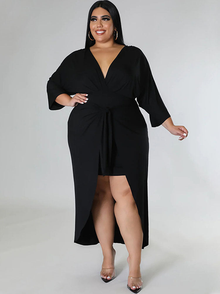 Plus Size Ruched Tie Front Midi Dresses Tiynon