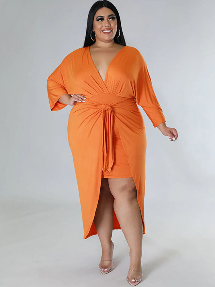 Plus Size Ruched Tie Front Midi Dresses Tiynon