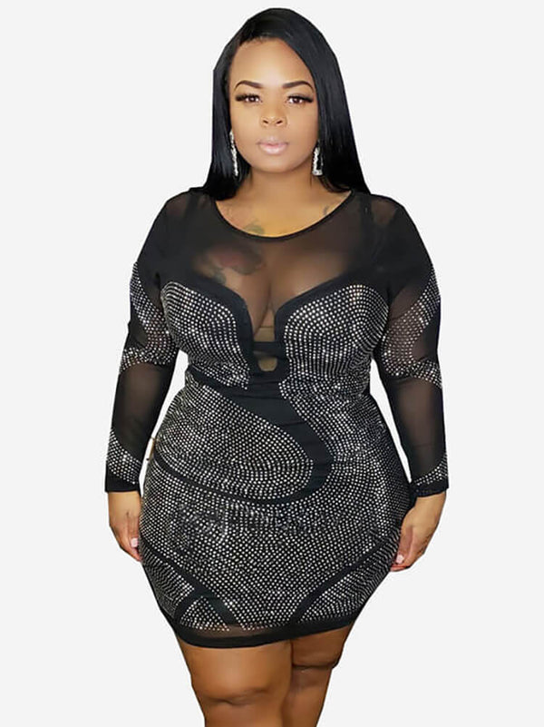 Plus Size Sequins Mesh Patchwork Mini Dresses Tiynon