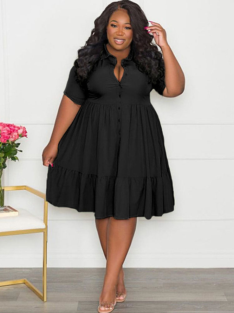 Plus Size Short Sleeve Button Down Midi Dresses Tiynon