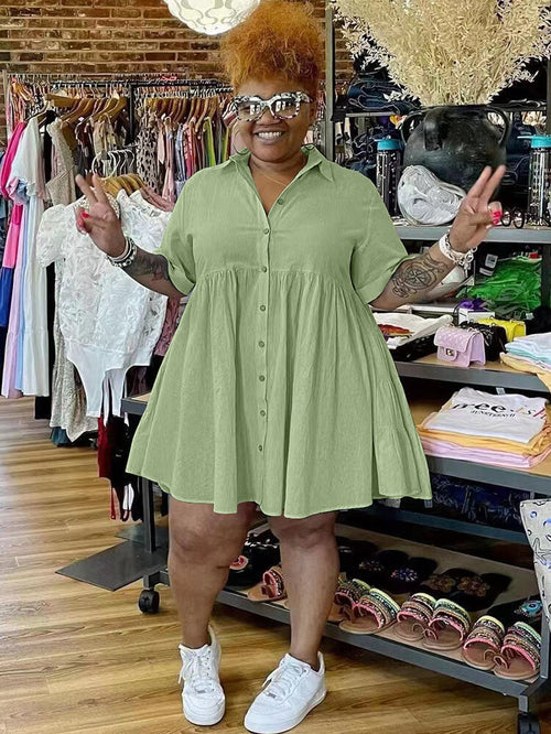 Plus Size Short Sleeve Button Shirt Dresses Tiynon