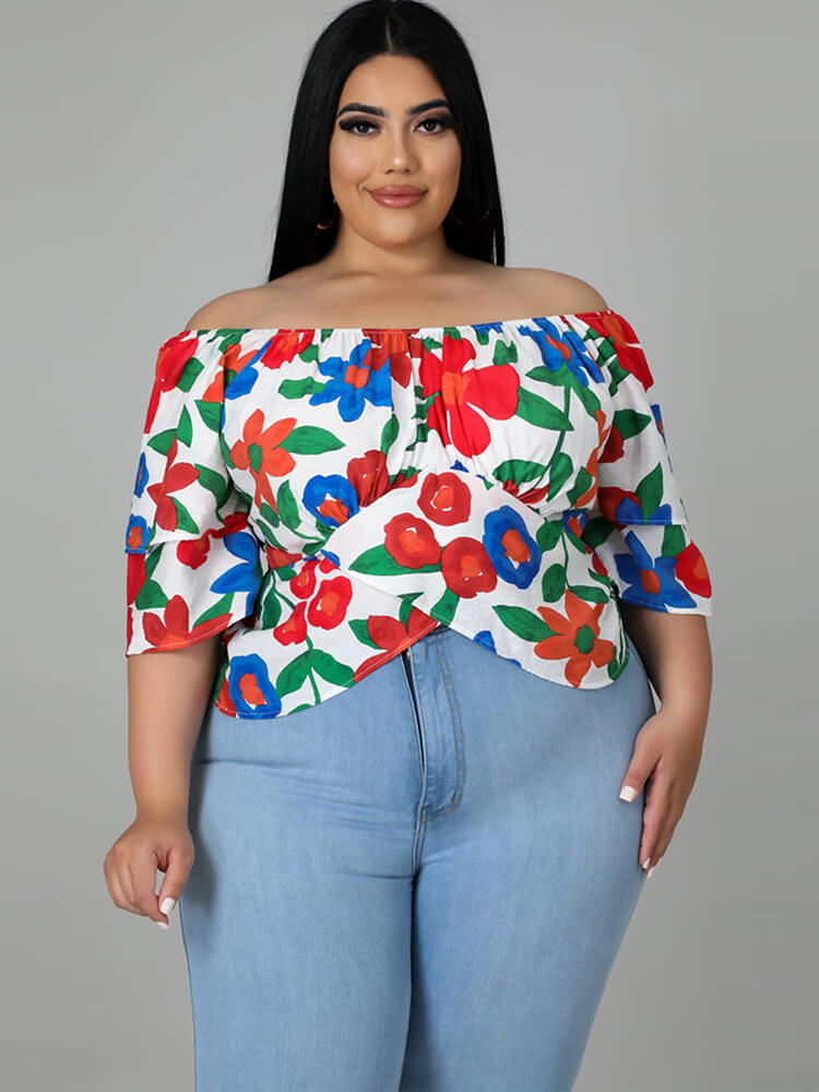 Plus Size Short Sleeve Floral Print Crop Top Tiynon