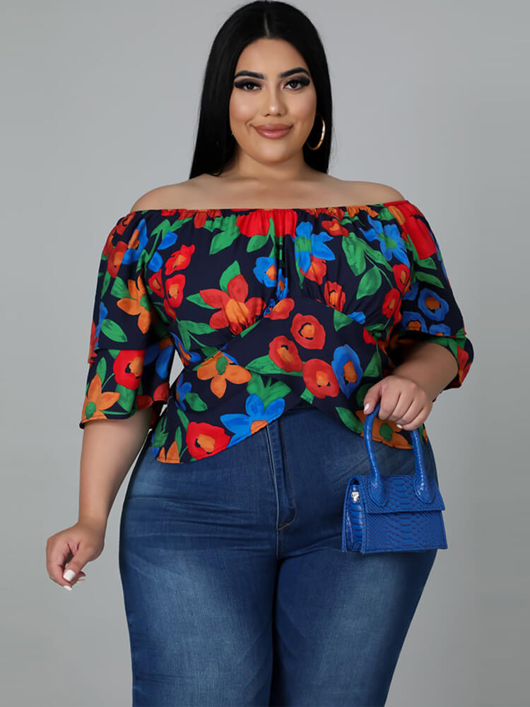 Plus Size Short Sleeve Floral Print Crop Top Tiynon