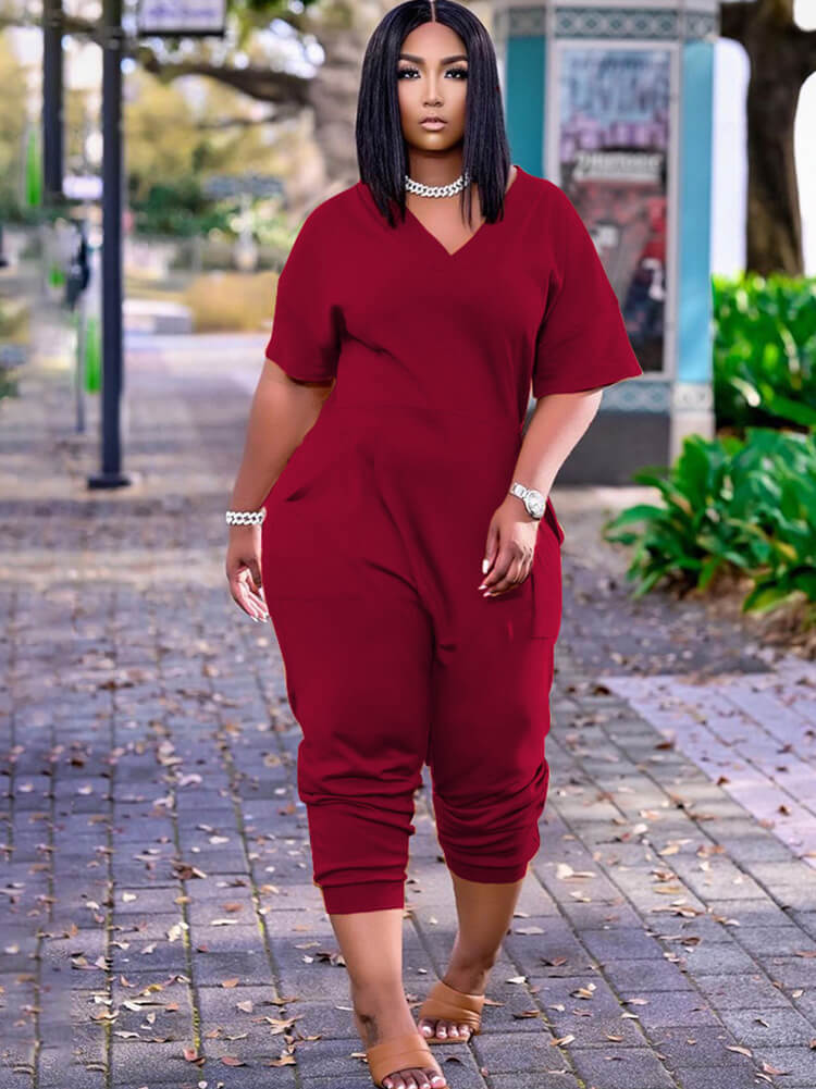 Plus Size Short Sleeve V Neck Jumpsuits Tiynon