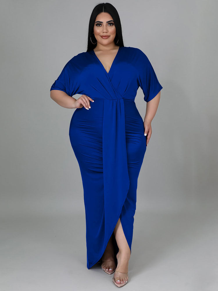 Plus Size Short Sleeve V Neck Maxi Dress Tiynon