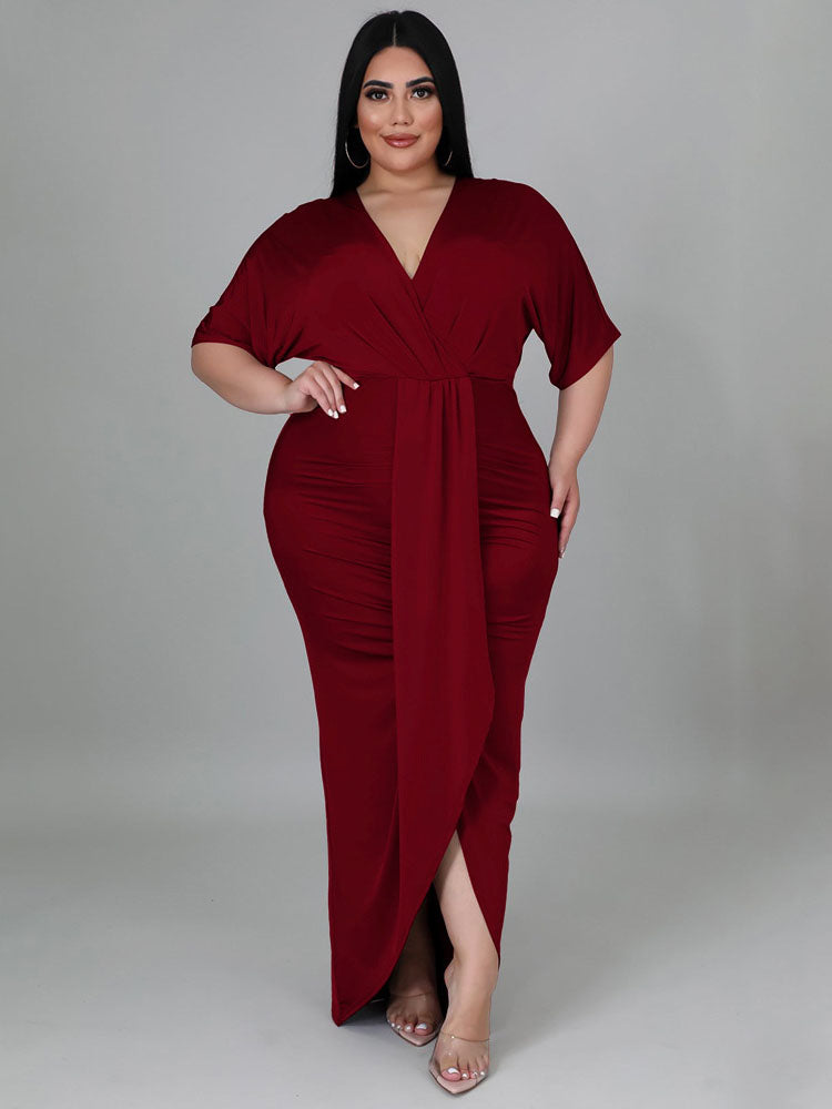 Plus Size Short Sleeve V Neck Maxi Dress Tiynon