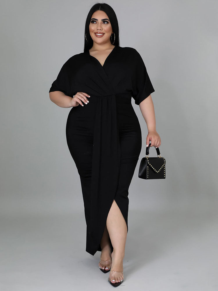 Plus Size Short Sleeve V Neck Maxi Dress Tiynon