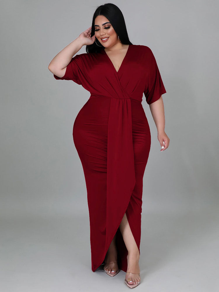 Plus Size Short Sleeve V Neck Maxi Dresses Tiynon