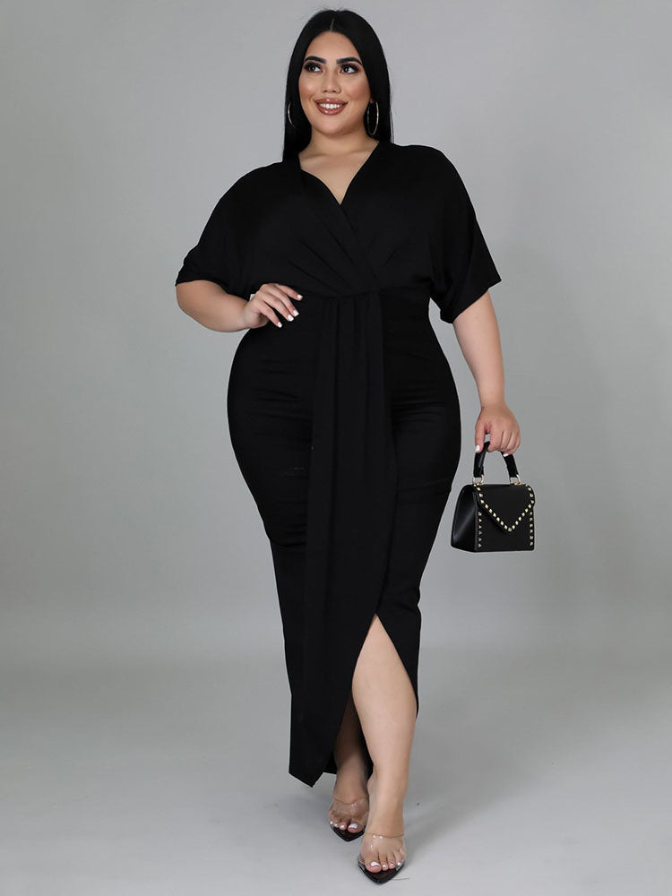 Plus Size Short Sleeve V Neck Maxi Dresses Tiynon