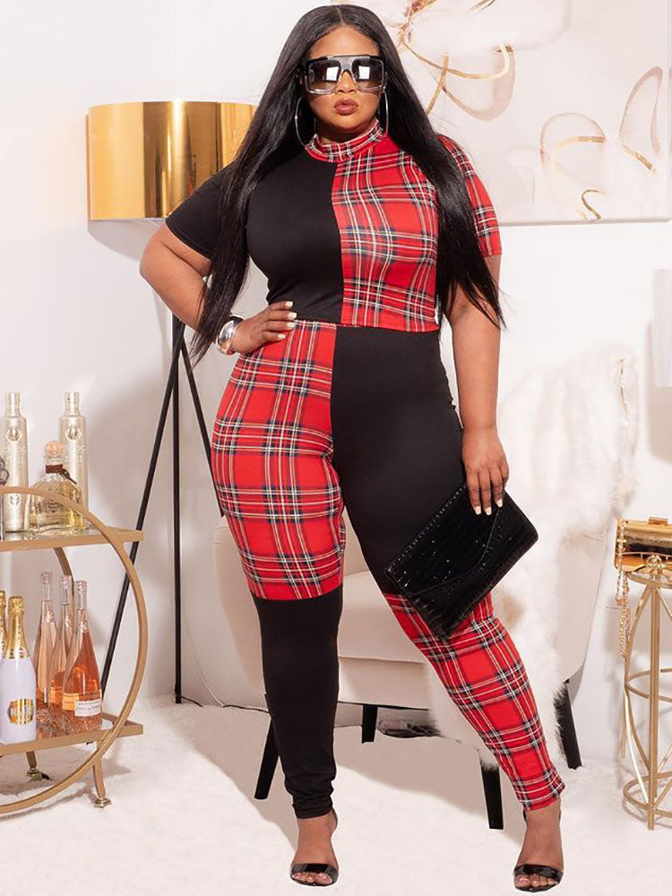 Plus Size Short Sleeves Plaid Print Rompers Tiynon