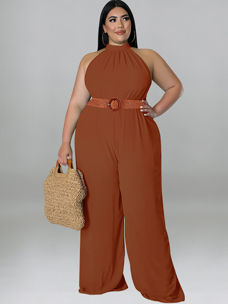 Plus Size Sleeveless Belted Jumpsuits Tiynon