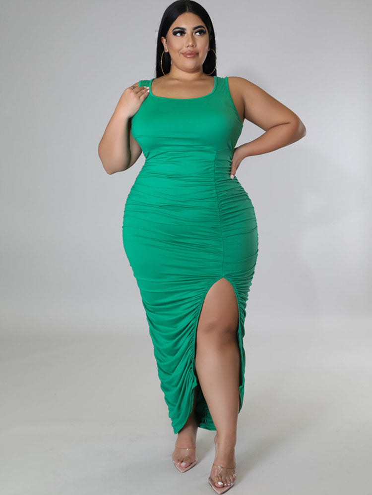 Plus Size Sleeveless Ruched Midi Dresses Tiynon