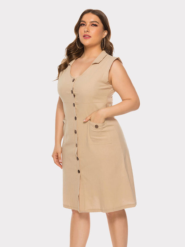 Plus Size Sleevelss Buttons Midi Dress Tiynon