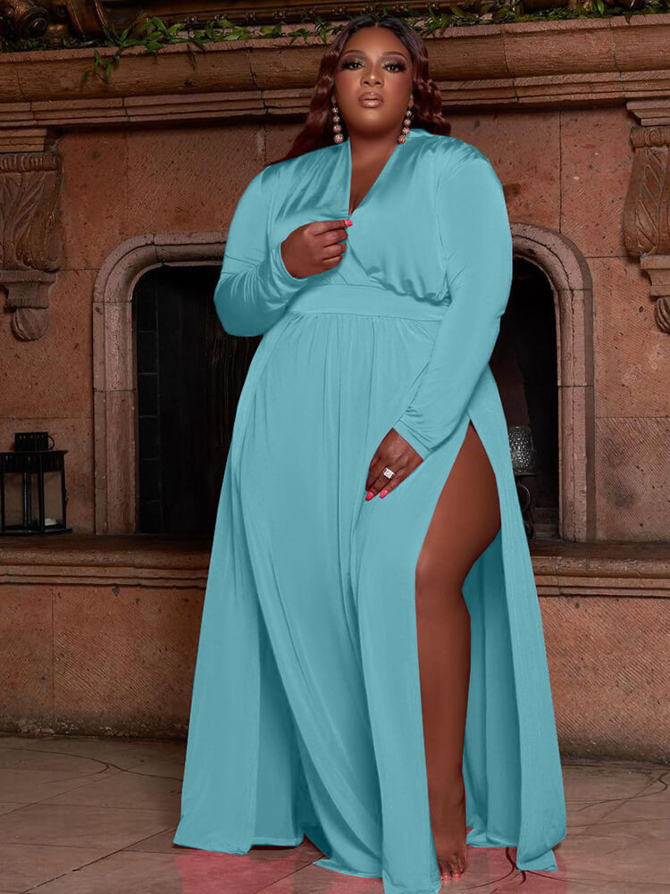 Plus Size Solid Color Long Sleeve High Split Maxi Dresses Tiynon