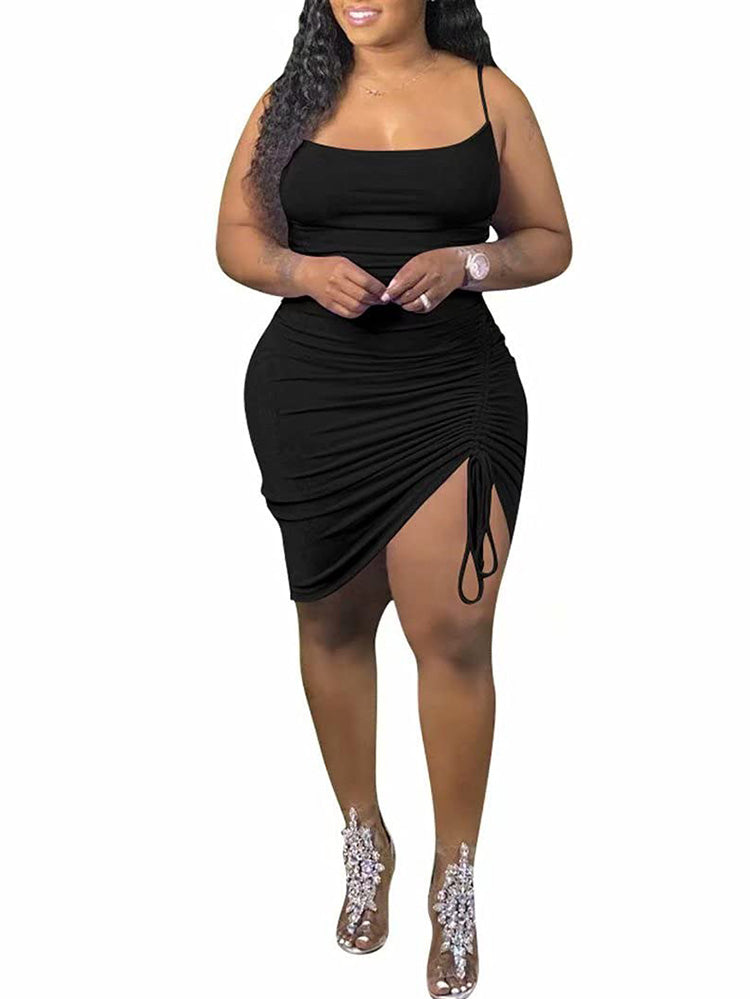 Plus Size Spaghetti Strap Drawstring Split Mini Dress Tiynon