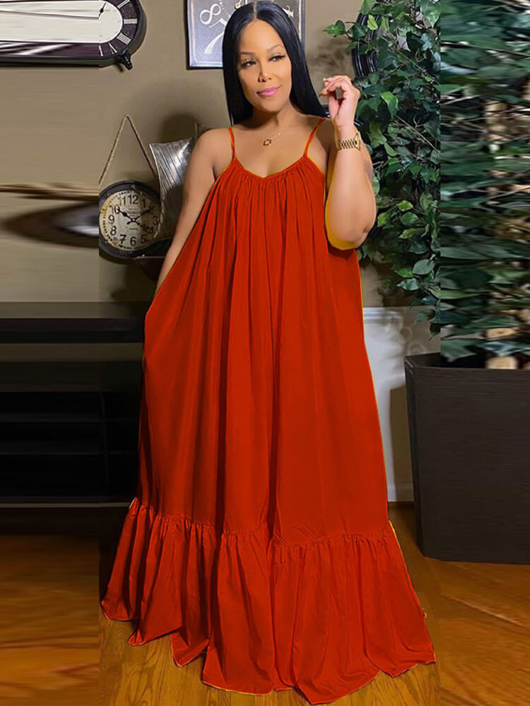 Plus Size Spaghetti Strap Ruffle Beach Maxi Swing Dresses Tiynon