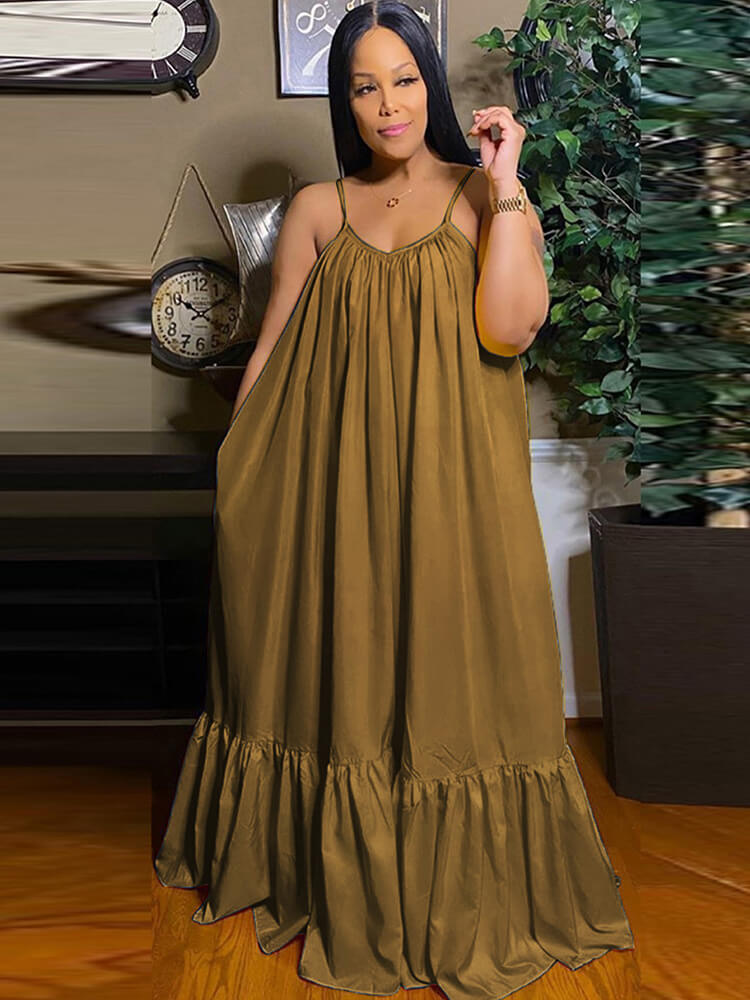 Plus Size Spaghetti Strap Ruffle Beach Maxi Swing Dresses Tiynon