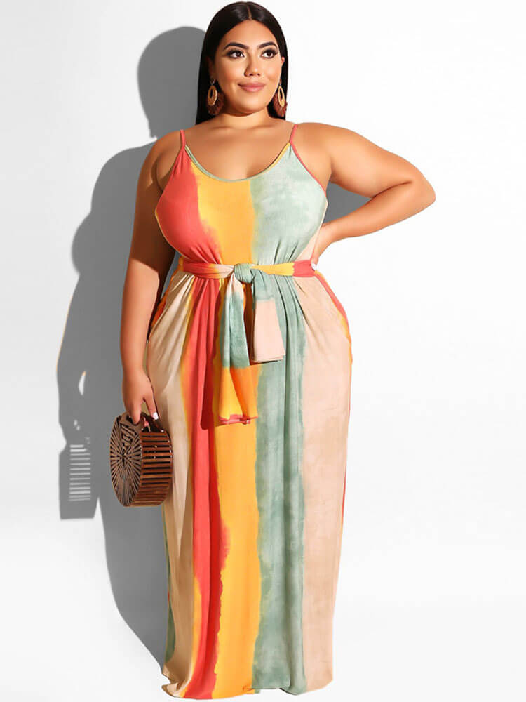 Plus Size Spaghetti Strap Striped Maxi Dresses Tiynon