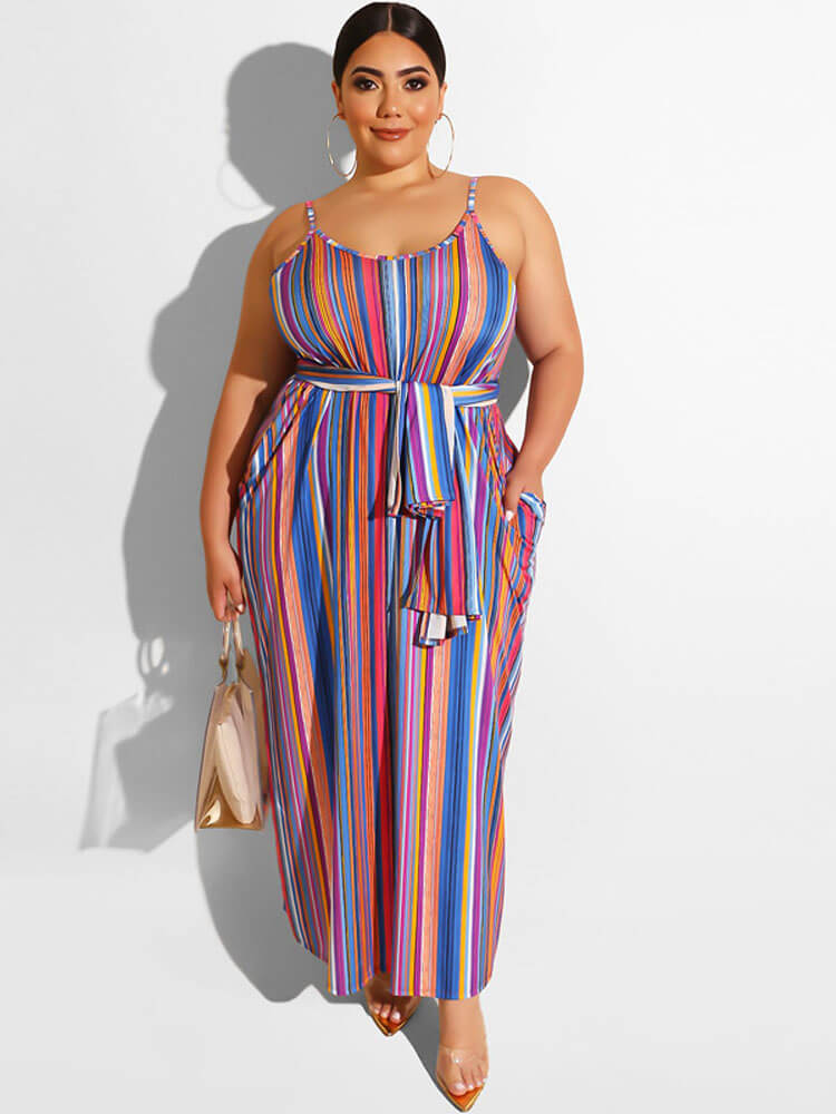 Plus Size Spaghetti Strap Striped Maxi Dresses Tiynon