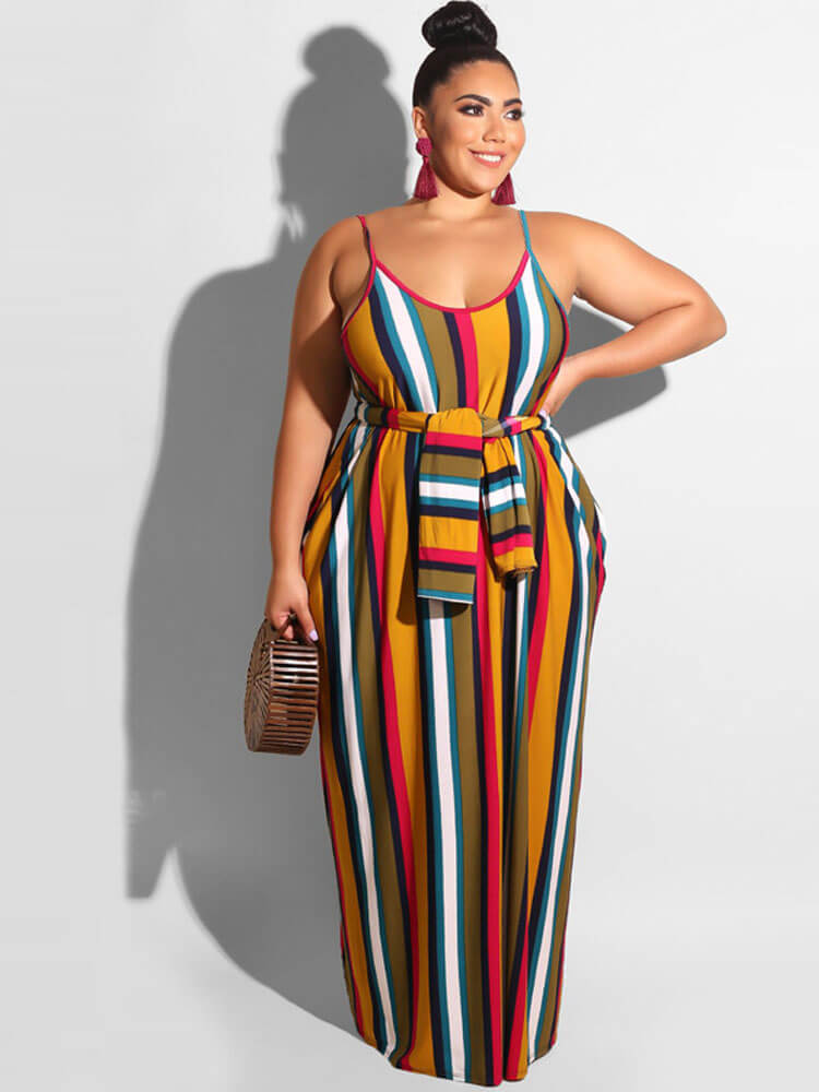 Plus Size Spaghetti Strap Striped Maxi Dresses Tiynon