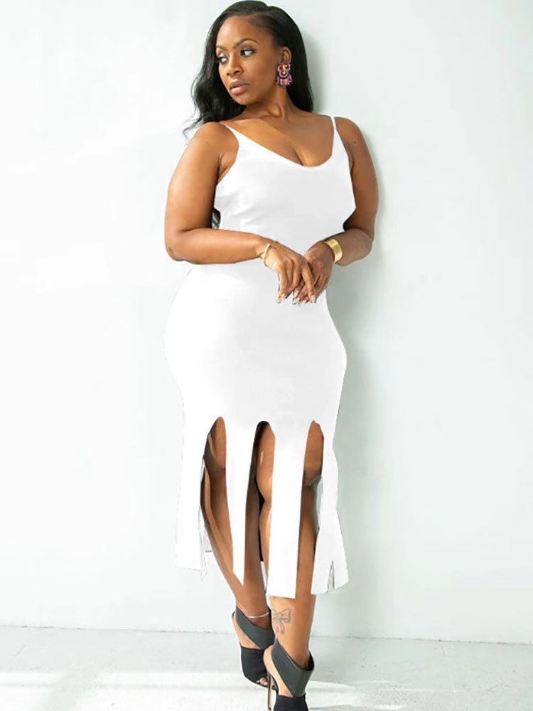 Plus Size Spaghetti Strap Tassel Midi Dress Tiynon