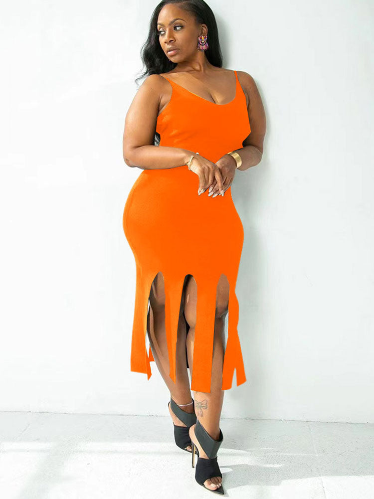 Plus Size Spaghetti Strap Tassel Midi Dress Tiynon