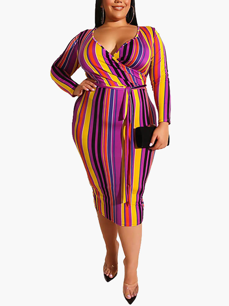 Plus Size Stripe Bodycon Midi Dresses Tiynon