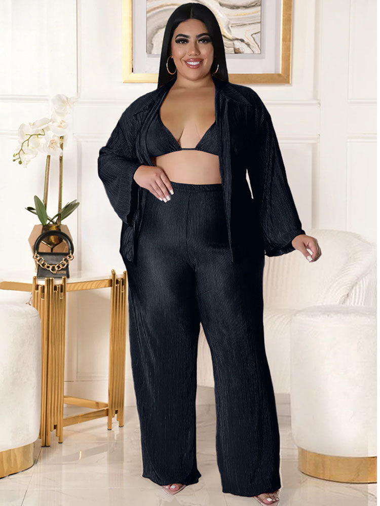 Plus Size Three Piece Cardigan Pant Suits Tiynon