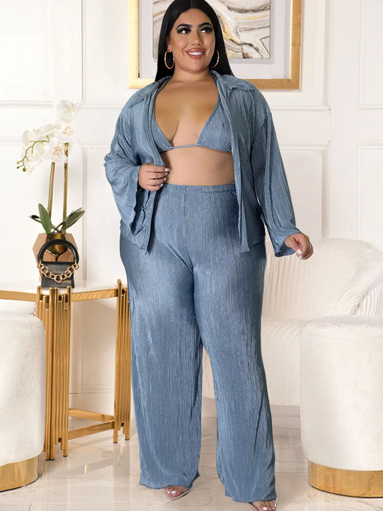 Plus Size Three Piece Cardigan Pant Suits Tiynon