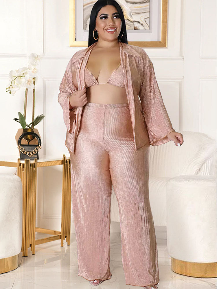 Plus Size Three Piece Cardigan Pant Suits Tiynon