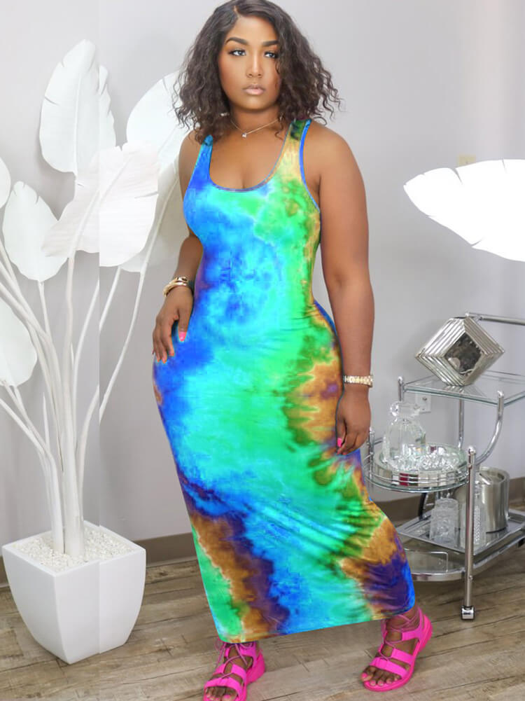 Plus Size Tie Dye Print Bodycon Maxi Dresses Tiynon