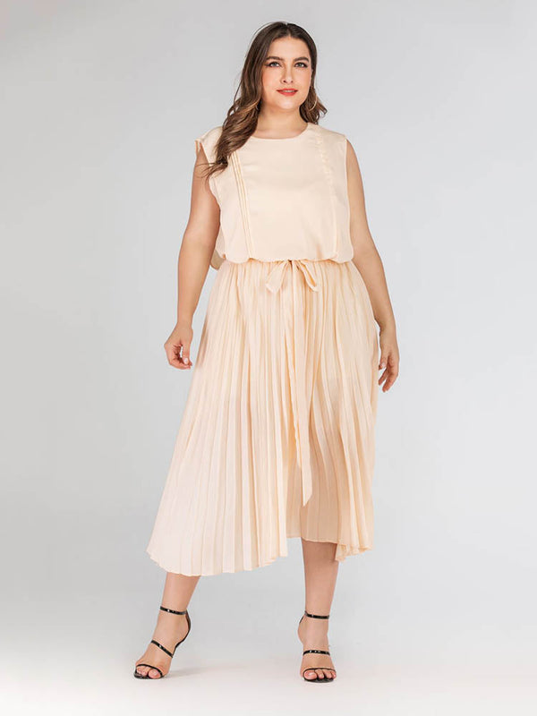 Plus Size Tie Waist Pleated Dress Tiynon