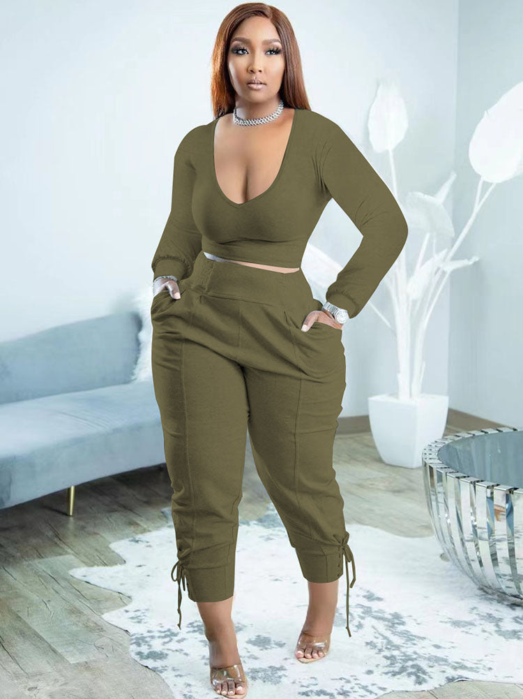 Plus Size Two Piece Long Sleeves Top Long Pants Outfits Tiynon