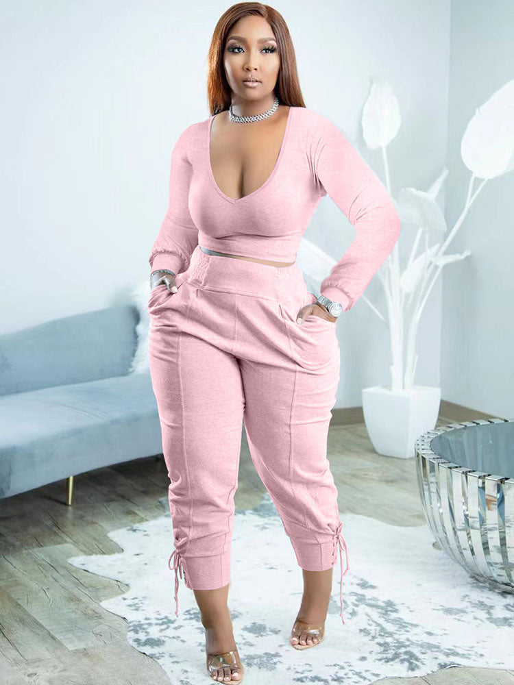 Plus Size Two Piece Long Sleeves Top Long Pants Outfits Tiynon