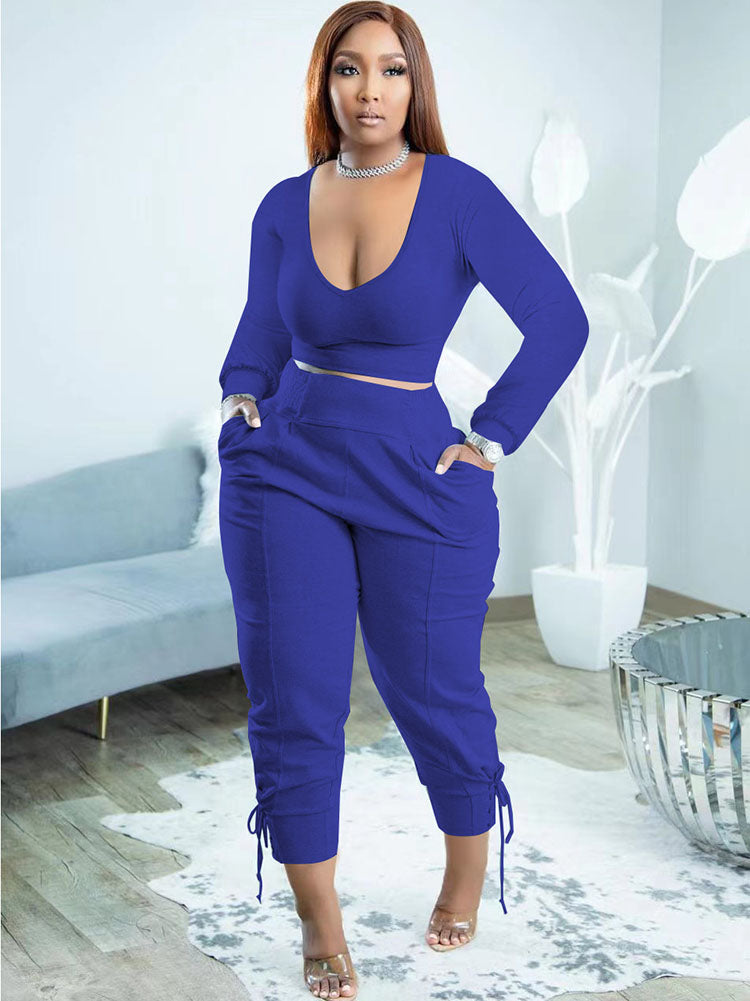 Plus Size Two Piece Long Sleeves Top Long Pants Outfits Tiynon