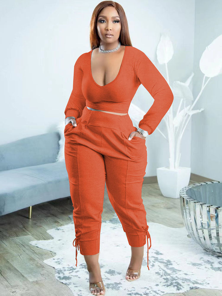 Plus Size Two Piece Long Sleeves Top Long Pants Outfits Tiynon