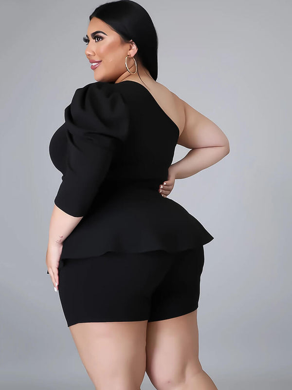 Plus Size Two Piece One Shoulder Peplum Tops & Shorts Tiynon