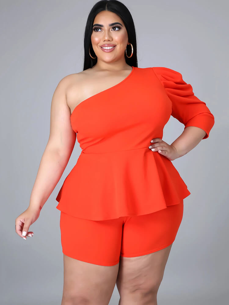 Plus Size Two Piece One Shoulder Peplum Tops & Shorts Tiynon