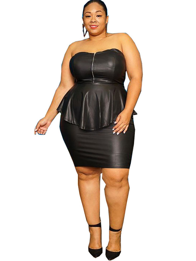 Plus Size Two Piece PU Leather Skirt Suits Tiynon