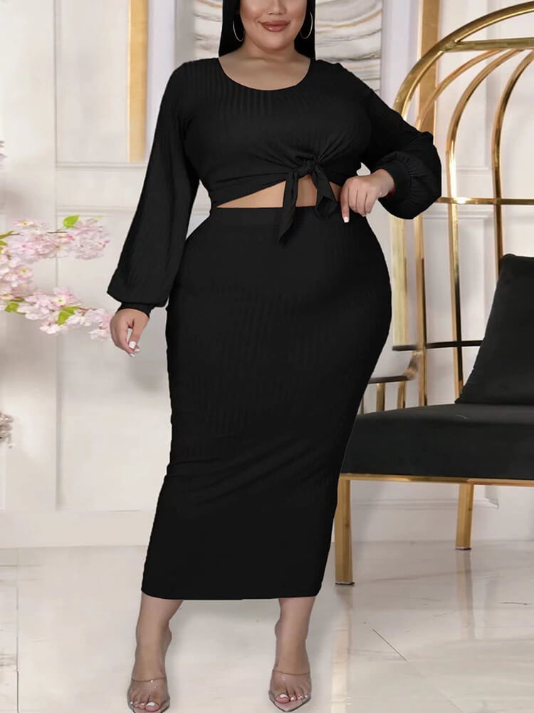 Plus Size Two Piece Ribbed Skirt Suits Tiynon