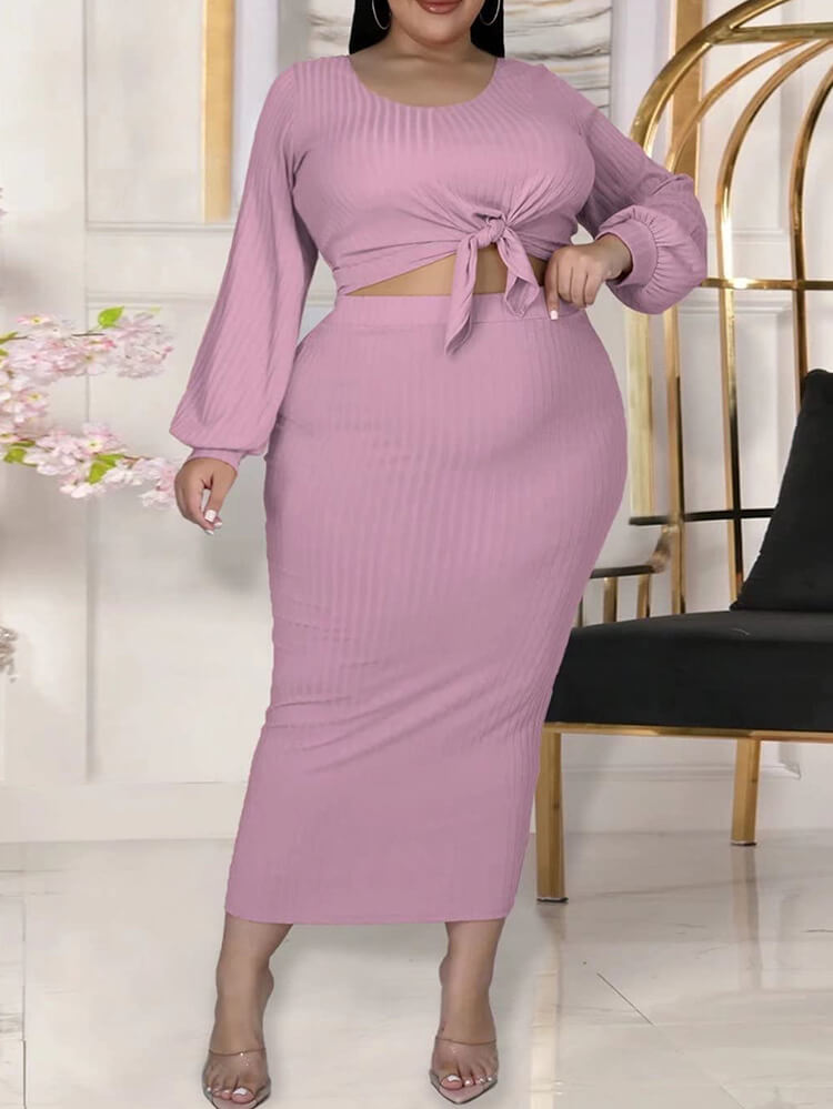 Plus Size Two Piece Ribbed Skirt Suits Tiynon