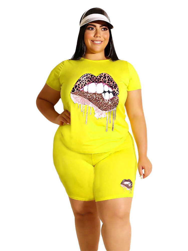 Plus Size Two Piece Short Sleeve Tops+Shorts Sets Tiynon