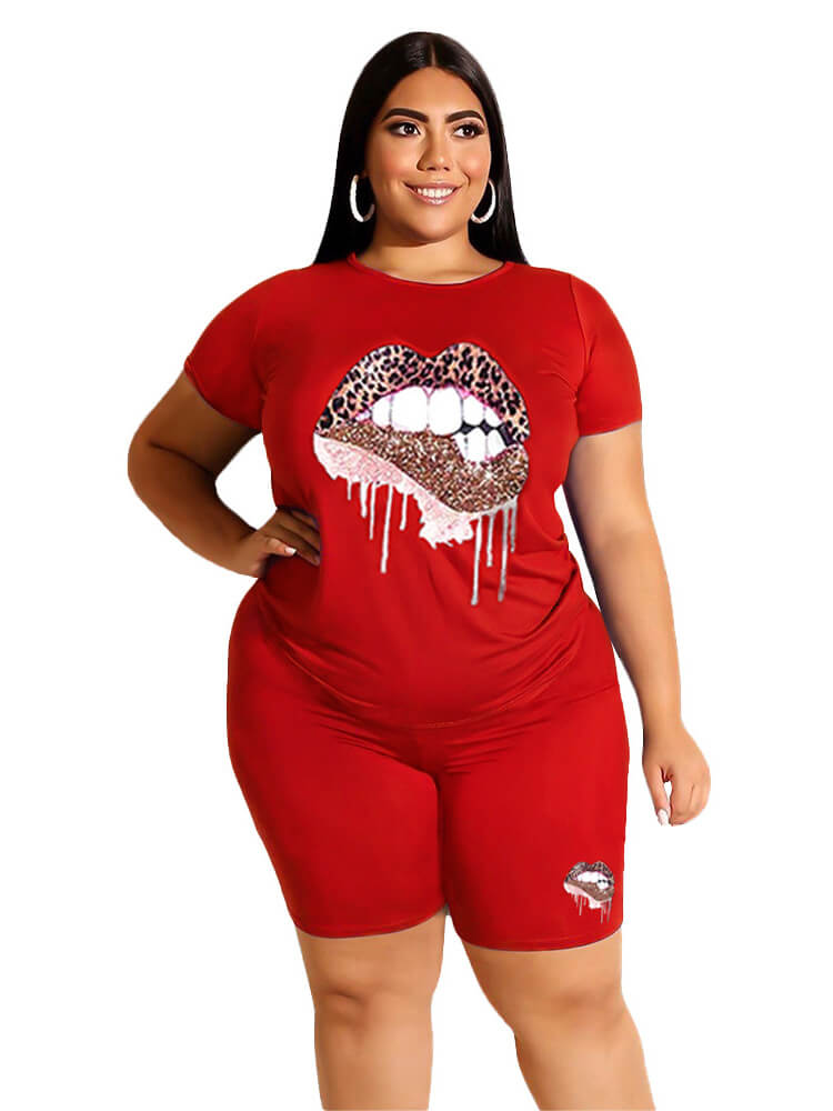 Plus Size Two Piece Short Sleeve Tops+Shorts Sets Tiynon