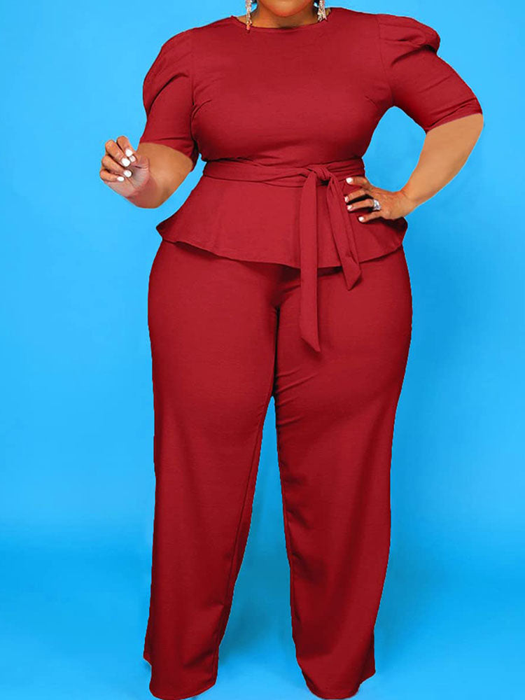 Plus Size Two Piece Short Sleeves Top & Wide Leg Pants Tiynon