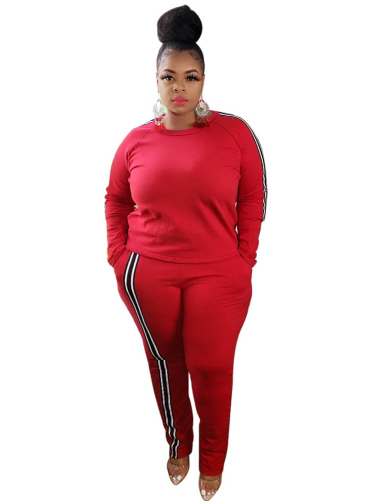 Plus Size Two Piece Stripe Long Sleeve Tops + Pants Sets Tiynon