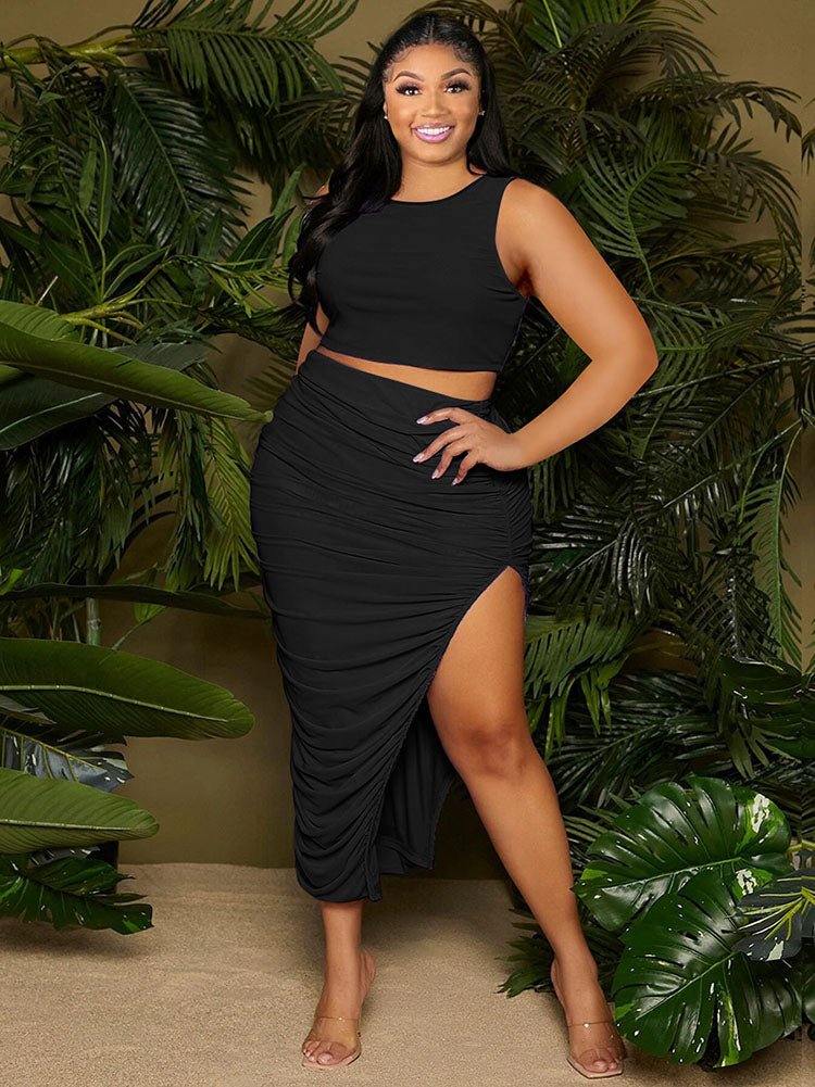 Plus Size Two Piece Tank Top Slit Midi Skrit Set Tiynon